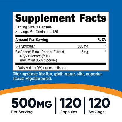 Nutricost L-Tryptophan 500mg, 120 Kapseln – mit BioPerin, glutenfrei, nicht-GVO