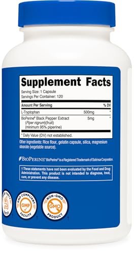 Nutricost L-Tryptophan 500mg, 120 Kapseln – mit BioPerin, glutenfrei, nicht-GVO