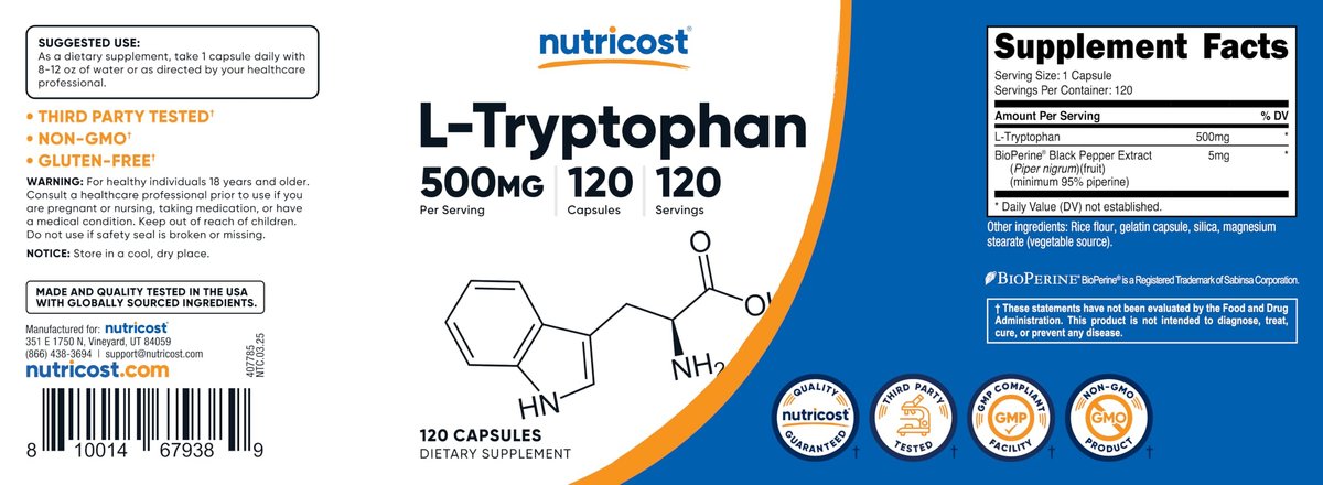 Nutricost L-Tryptophan 500mg, 120 Kapseln – mit BioPerin, glutenfrei, nicht-GVO