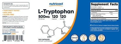 Nutricost L-Tryptophan 500mg, 120 Kapseln – mit BioPerin, glutenfrei, nicht-GVO