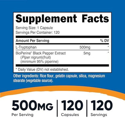 Nutricost L-Tryptophan 500mg, 120 Kapseln – mit BioPerin, glutenfrei, nicht-GVO