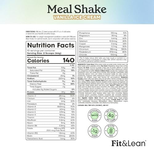 Fit & Lean Mahlzeit-Shake, fettverbrennender Mahlzeitenersatz mit Protein, Ballaststoffen, Probiotika, Vanille, 1 Pfund, 10 Portionen pro Behälter