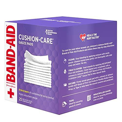 BAND-AID Cushion Care Sterile Gazekompressen – 25 Stück, 7,5 x 7,5 cm, für kleine Schnitte, Schürfwunden und Verbrennungen