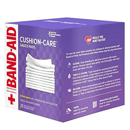 BAND-AID Cushion Care Sterile Gazekompressen – 25 Stück, 7,5 x 7,5 cm, für kleine Schnitte, Schürfwunden und Verbrennungen