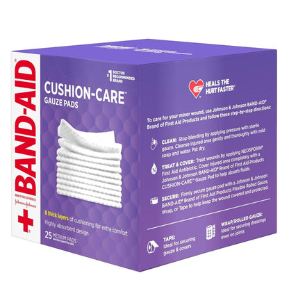 BAND-AID Cushion Care Sterile Gazekompressen – 25 Stück, 7,5 x 7,5 cm, für kleine Schnitte, Schürfwunden und Verbrennungen
