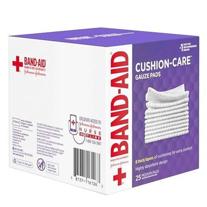 BAND-AID Cushion Care Sterile Gazekompressen – 25 Stück, 7,5 x 7,5 cm, für kleine Schnitte, Schürfwunden und Verbrennungen