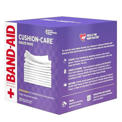 BAND-AID Cushion Care Sterile Gazekompressen – 25 Stück, 7,5 x 7,5 cm, für kleine Schnitte, Schürfwunden und Verbrennungen