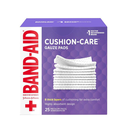 BAND-AID Cushion Care Sterile Gazekompressen – 25 Stück, 7,5 x 7,5 cm, für kleine Schnitte, Schürfwunden und Verbrennungen