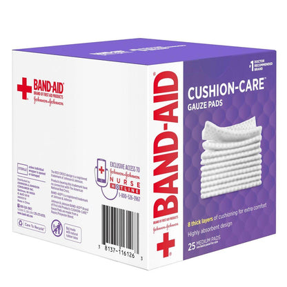 BAND-AID Cushion Care Sterile Gazekompressen – 25 Stück, 7,5 x 7,5 cm, für kleine Schnitte, Schürfwunden und Verbrennungen
