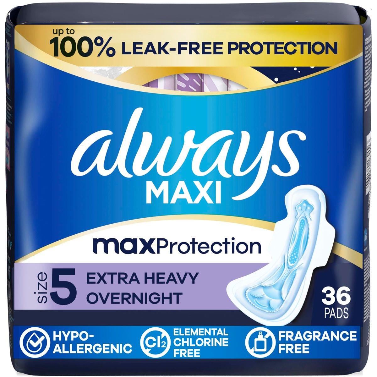 Always Maxi Overnight Binden mit Flügeln für Damen, Größe 5, extra starke nächtliche Saugfähigkeit, unparfümiert, 36 Stück