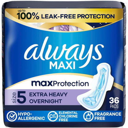Always Maxi Overnight Binden mit Flügeln für Damen, Größe 5, extra starke nächtliche Saugfähigkeit, unparfümiert, 36 Stück