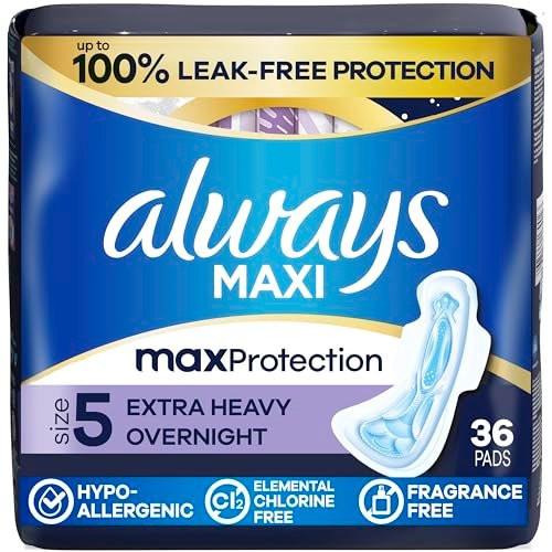 Always Maxi Overnight Binden mit Flügeln für Damen, Größe 5, extra starke nächtliche Saugfähigkeit, unparfümiert, 36 Stück