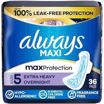 Always Maxi Overnight Binden mit Flügeln für Damen, Größe 5, extra starke nächtliche Saugfähigkeit, unparfümiert, 36 Stück
