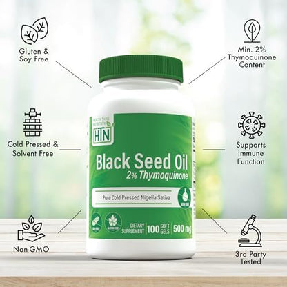 Schwarzkümmelöl 500mg – 100 Weichkapseln | Hochdosiert mit 2% Thymochinon | Kaltgepresst & Bio | Laborgeprüft, Nicht-GVO, Glutenfrei, Sojafrei