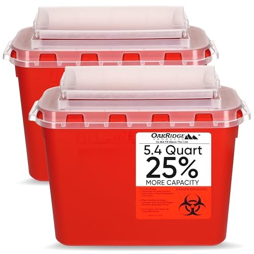 Oakridge Products Transparenter Behälter für scharfe Gegenstände für den Heimgebrauch und Profis 5,4 Quart (2er-Pack), berührungslose Entsorgung von Biohazard-Nadeln und Spritzen, drehbarer Deckel, CDC-zertifiziert