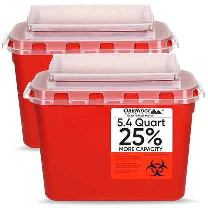 Oakridge Products Transparenter Behälter für scharfe Gegenstände für den Heimgebrauch und Profis 5,4 Quart (2er-Pack), berührungslose Entsorgung von Biohazard-Nadeln und Spritzen, drehbarer Deckel, CDC-zertifiziert