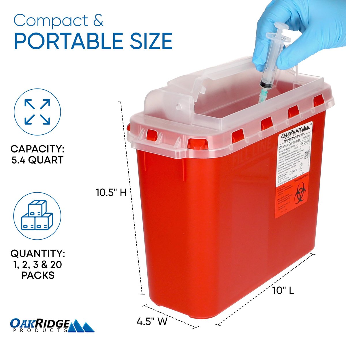 Oakridge Products Transparenter Behälter für scharfe Gegenstände für den Heimgebrauch und Profis 5,4 Quart (2er-Pack), berührungslose Entsorgung von Biohazard-Nadeln und Spritzen, drehbarer Deckel, CDC-zertifiziert