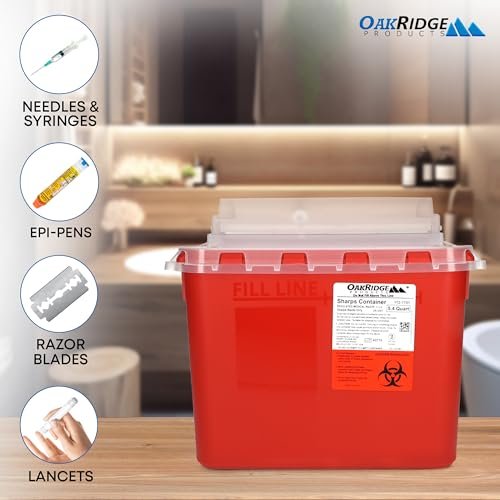 Oakridge Products Transparenter Sharps-Behälter für den Heimgebrauch und Profis 5,4 Quart (1er-Pack), berührungslose Entsorgung von Nadeln und Spritzen, drehbarer Deckel, CDC-zertifiziert