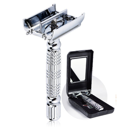 BAILI Butterfly Open TTO Doppelklingen-Rasierer aus Metall – Nassrasiermesser Set für Damen und Herren mit Platin-Klinge und verspiegelter Reiseetui BD179