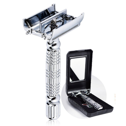 BAILI Butterfly Open TTO Doppelklingen-Rasierer aus Metall – Nassrasiermesser Set für Damen und Herren mit Platin-Klinge und verspiegelter Reiseetui BD179