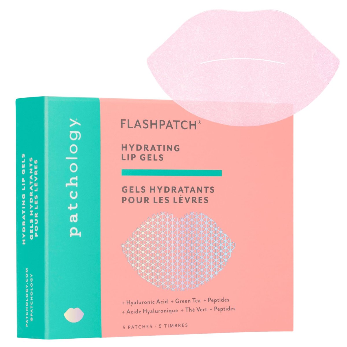 Patchology FlashPatch Hydrierende Lippenmasken-Gels mit Hyaluronsäure, Grüntee & Peptiden – Ultra-feuchtigkeitsspendende Lippenpflege für trockene Lippen – Hydratation & Reparatur (5 Stück)