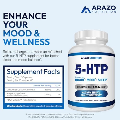 5-HTP 200 mg pro Portion plus Calcium für Stimmung und Schlaf – Unterstützt eine ruhige und entspannte Stimmung – 99 % hohe Reinheit – 120 Kapseln – Arazo Nutrition