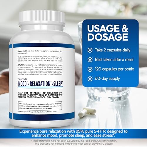 5-HTP 200 mg pro Portion plus Calcium für Stimmung und Schlaf – Unterstützt eine ruhige und entspannte Stimmung – 99 % hohe Reinheit – 120 Kapseln – Arazo Nutrition