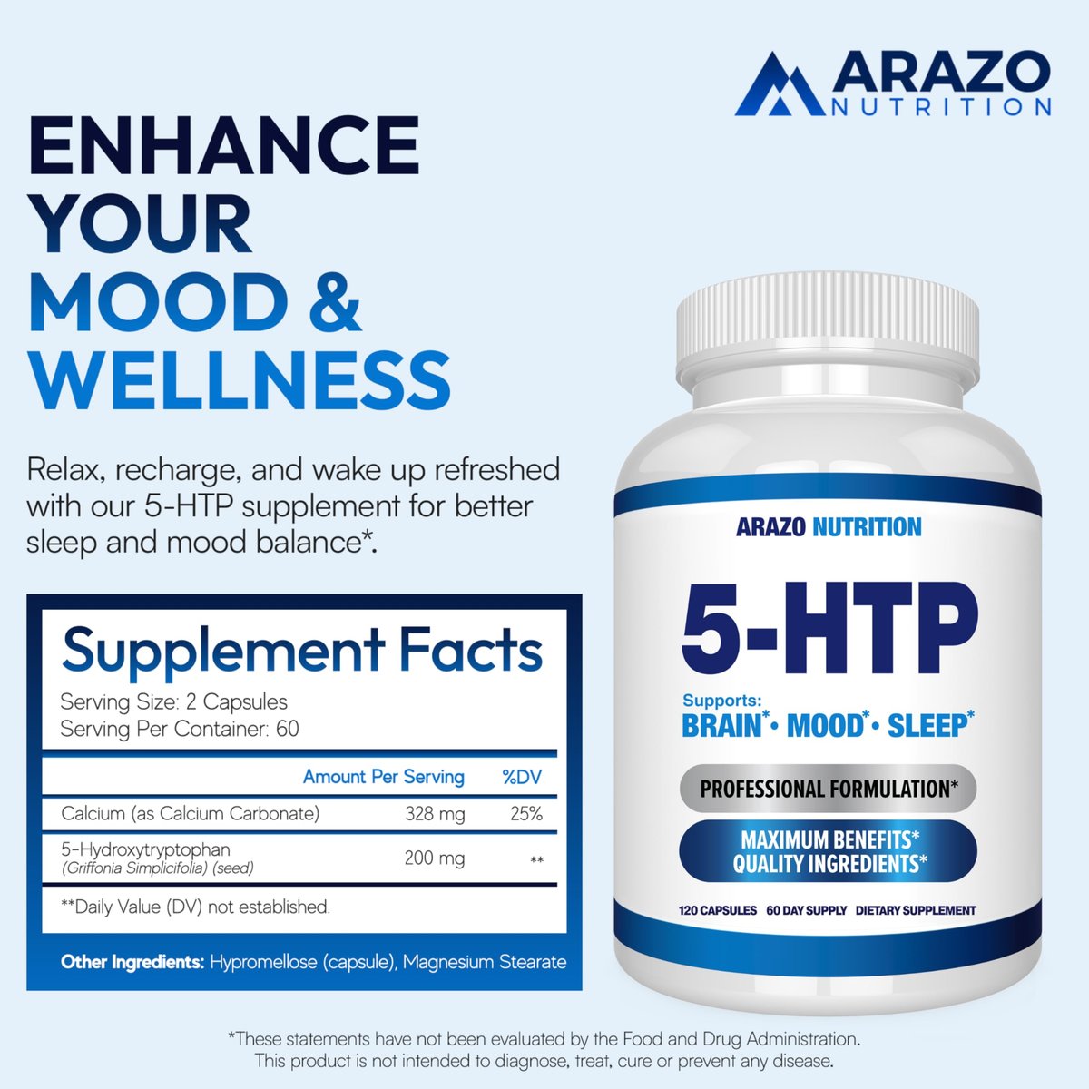 5-HTP 200 mg pro Portion plus Calcium für Stimmung und Schlaf – Unterstützt eine ruhige und entspannte Stimmung – 99 % hohe Reinheit – 120 Kapseln – Arazo Nutrition