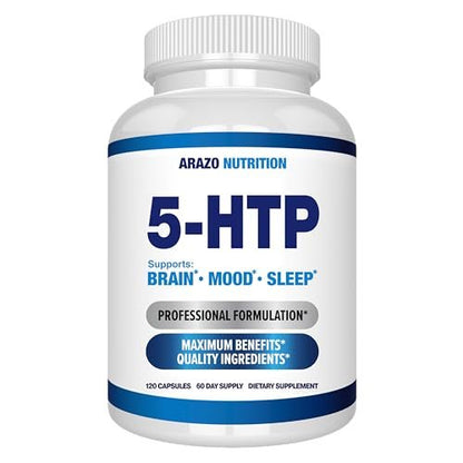 5-HTP 200 mg pro Portion plus Calcium für Stimmung und Schlaf – Unterstützt eine ruhige und entspannte Stimmung – 99 % hohe Reinheit – 120 Kapseln – Arazo Nutrition