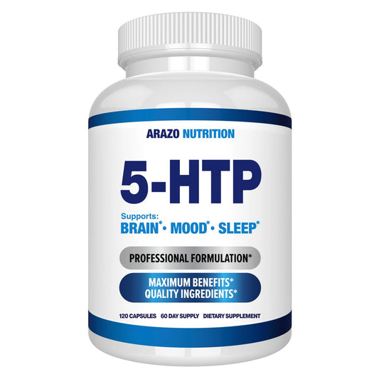 5-HTP 200 mg pro Portion plus Calcium für Stimmung und Schlaf – Unterstützt eine ruhige und entspannte Stimmung – 99 % hohe Reinheit – 120 Kapseln – Arazo Nutrition