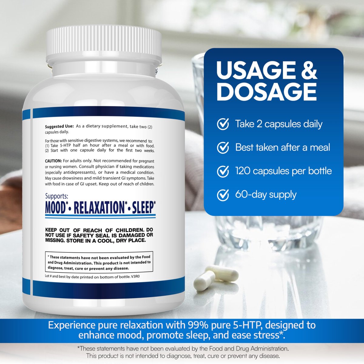 5-HTP 200 mg pro Portion plus Calcium für Stimmung und Schlaf – Unterstützt eine ruhige und entspannte Stimmung – 99 % hohe Reinheit – 120 Kapseln – Arazo Nutrition