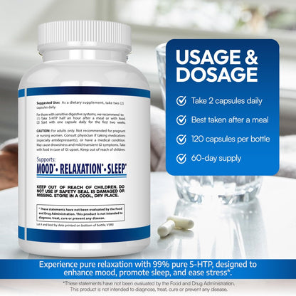 5-HTP 200 mg pro Portion plus Calcium für Stimmung und Schlaf – Unterstützt eine ruhige und entspannte Stimmung – 99 % hohe Reinheit – 120 Kapseln – Arazo Nutrition
