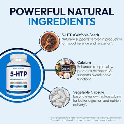 5-HTP 200 mg pro Portion plus Calcium für Stimmung und Schlaf – Unterstützt eine ruhige und entspannte Stimmung – 99 % hohe Reinheit – 120 Kapseln – Arazo Nutrition