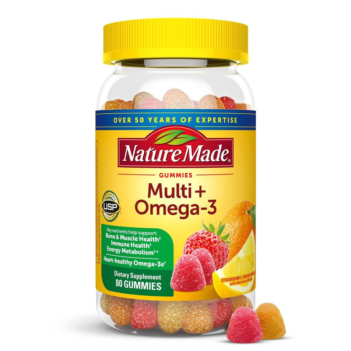 Nature Made Multivitamin + Omega-3 Gummis für Frauen und Männer, tägliche Nährstoffversorgung, 80 Erwachsenen-Gummivitamine, 40-Tage-Vorrat