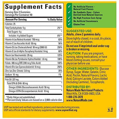 Nature Made Multivitamin + Omega-3 Gummis für Frauen und Männer, tägliche Nährstoffversorgung, 80 Erwachsenen-Gummivitamine, 40-Tage-Vorrat