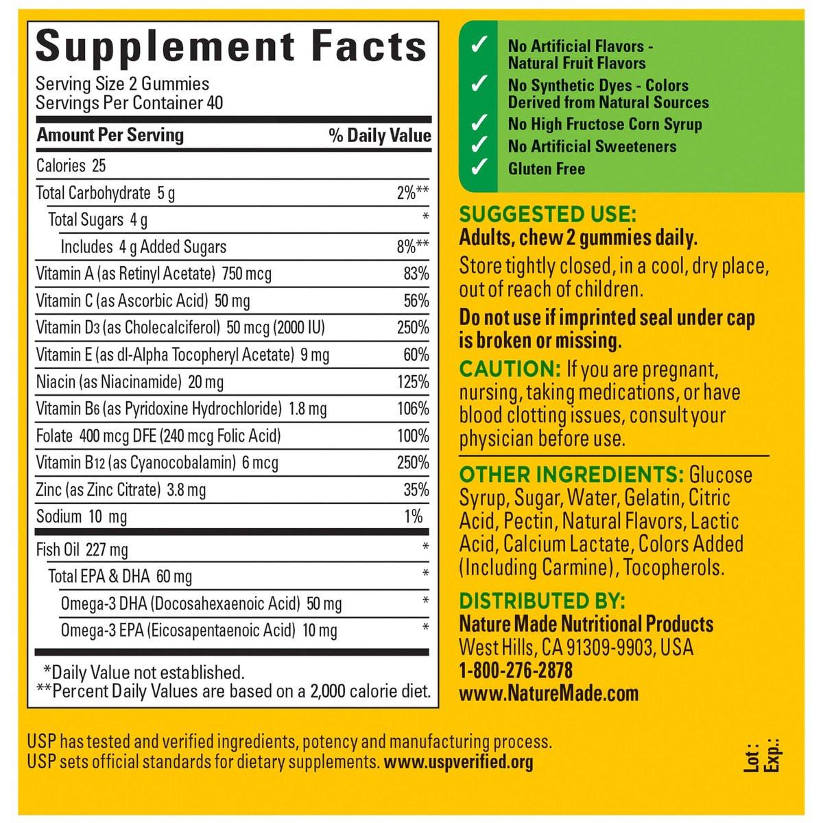 Nature Made Multivitamin + Omega-3 Gummis für Frauen und Männer, tägliche Nährstoffversorgung, 80 Erwachsenen-Gummivitamine, 40-Tage-Vorrat