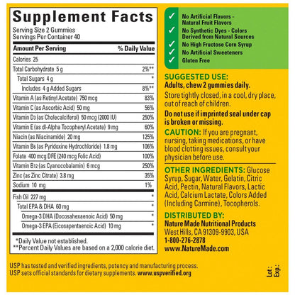 Nature Made Multivitamin + Omega-3 Gummis für Frauen und Männer, tägliche Nährstoffversorgung, 80 Erwachsenen-Gummivitamine, 40-Tage-Vorrat
