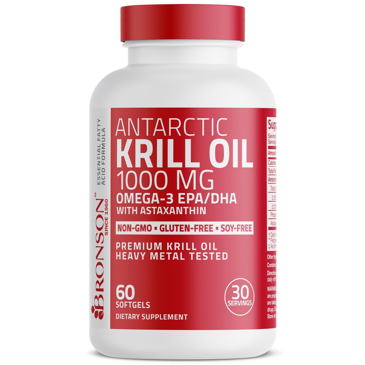 Bronson Antarktisches Krillöl 1000 mg mit Omega-3-Fettsäuren EPA, DHA, Astaxanthin und Phospholipiden – 60 Weichkapseln