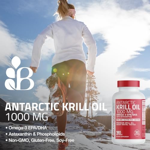 Bronson Antarktisches Krillöl 1000 mg mit Omega-3-Fettsäuren EPA, DHA, Astaxanthin und Phospholipiden – 60 Weichkapseln