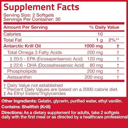 Bronson Antarktisches Krillöl 1000 mg mit Omega-3-Fettsäuren EPA, DHA, Astaxanthin und Phospholipiden – 60 Weichkapseln