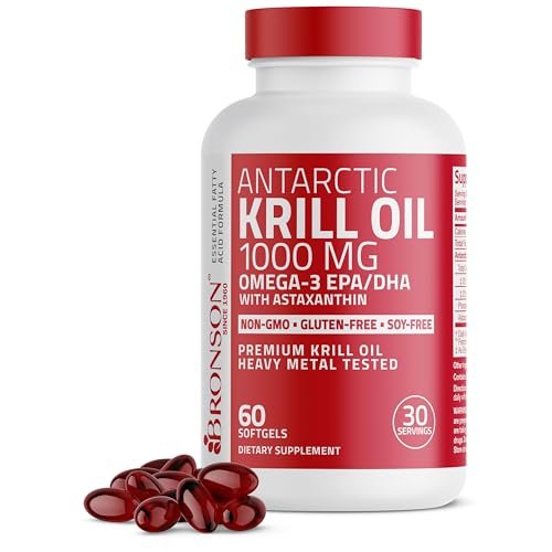 Bronson Antarktisches Krillöl 1000 mg mit Omega-3-Fettsäuren EPA, DHA, Astaxanthin und Phospholipiden – 60 Weichkapseln