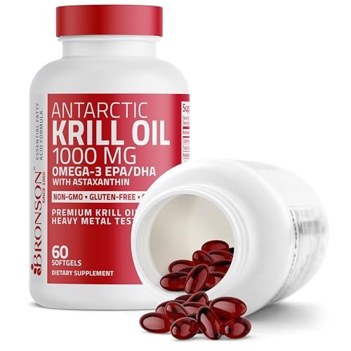 Bronson Antarktisches Krillöl 1000 mg mit Omega-3-Fettsäuren EPA, DHA, Astaxanthin und Phospholipiden – 60 Weichkapseln