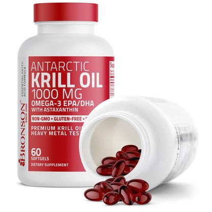 Bronson Antarktisches Krillöl 1000 mg mit Omega-3-Fettsäuren EPA, DHA, Astaxanthin und Phospholipiden – 60 Weichkapseln