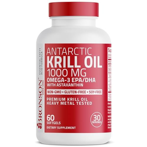 Bronson Antarktisches Krillöl 1000 mg mit Omega-3-Fettsäuren EPA, DHA, Astaxanthin und Phospholipiden – 60 Weichkapseln