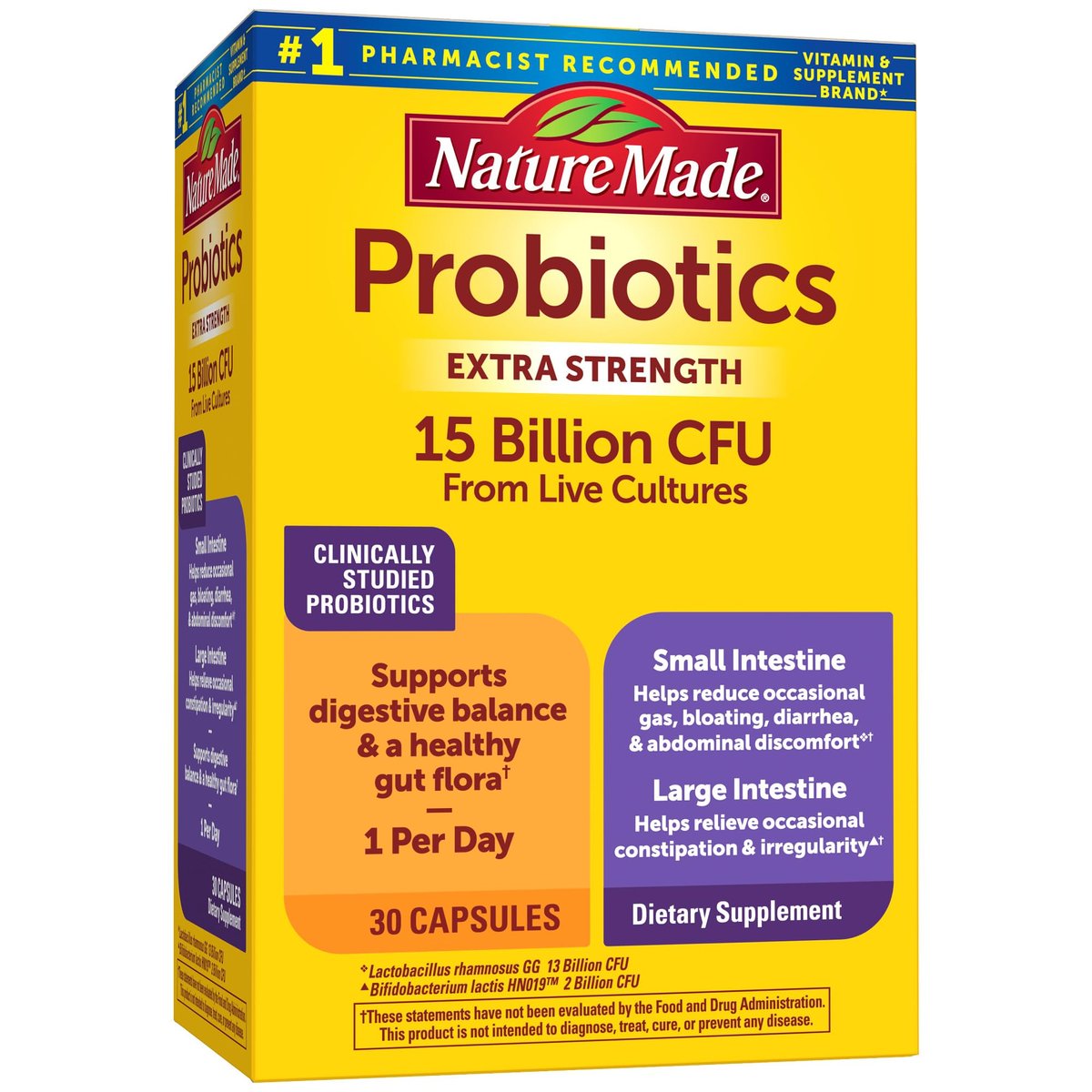 Nature Made Probiotika für die Verdauungsgesundheit Extra Strength 15 Milliarden KBE aus lebenden Kulturen, Probiotika für Frauen und Männer, 30 Probiotika-Kapseln, 30-Tage-Vorrat