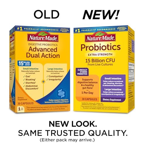 Nature Made Probiotika für die Verdauungsgesundheit Extra Strength 15 Milliarden KBE aus lebenden Kulturen, Probiotika für Frauen und Männer, 30 Probiotika-Kapseln, 30-Tage-Vorrat