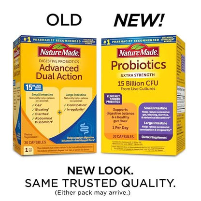 Nature Made Probiotika für die Verdauungsgesundheit Extra Strength 15 Milliarden KBE aus lebenden Kulturen, Probiotika für Frauen und Männer, 30 Probiotika-Kapseln, 30-Tage-Vorrat