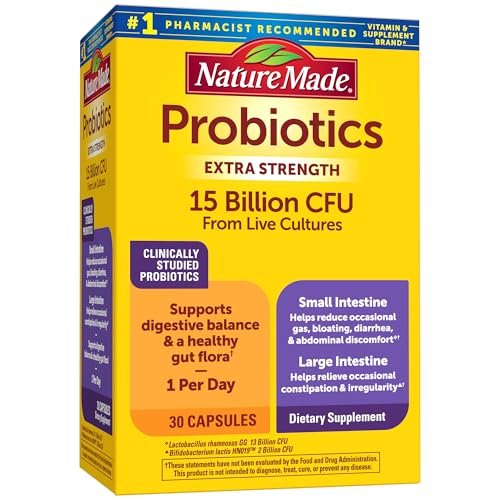 Nature Made Probiotika für die Verdauungsgesundheit Extra Strength 15 Milliarden KBE aus lebenden Kulturen, Probiotika für Frauen und Männer, 30 Probiotika-Kapseln, 30-Tage-Vorrat