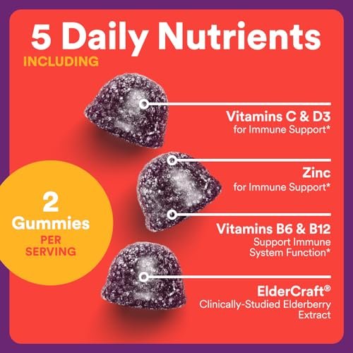 SmartyPants Kids Immunity Holunder Gummis – Immunsystem für Kinder mit Vitamin C, D, B6, B12 und Zink – 60 Stück (30 Tage Vorrat)