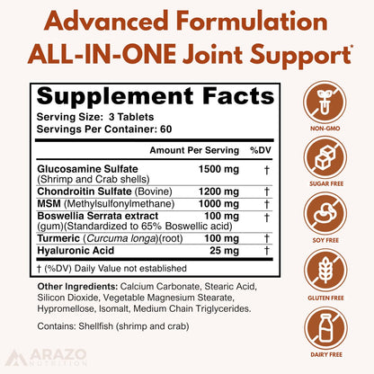 Arazo Nutrition Glucosamin Chondroitin Kurkuma MSM Boswellia – Gelenkunterstützung für Knochen, Rücken, Knie, Hände (180 Tabletten)